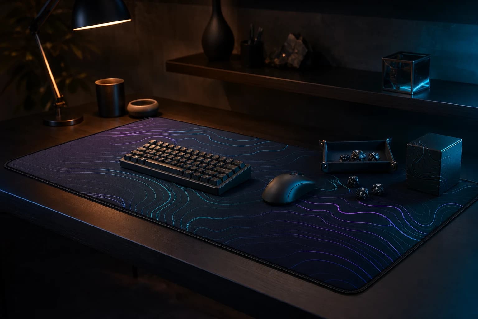 Gaming desk with an aurora-pattern desk mat, keyboard, mouse and tabletop accessories