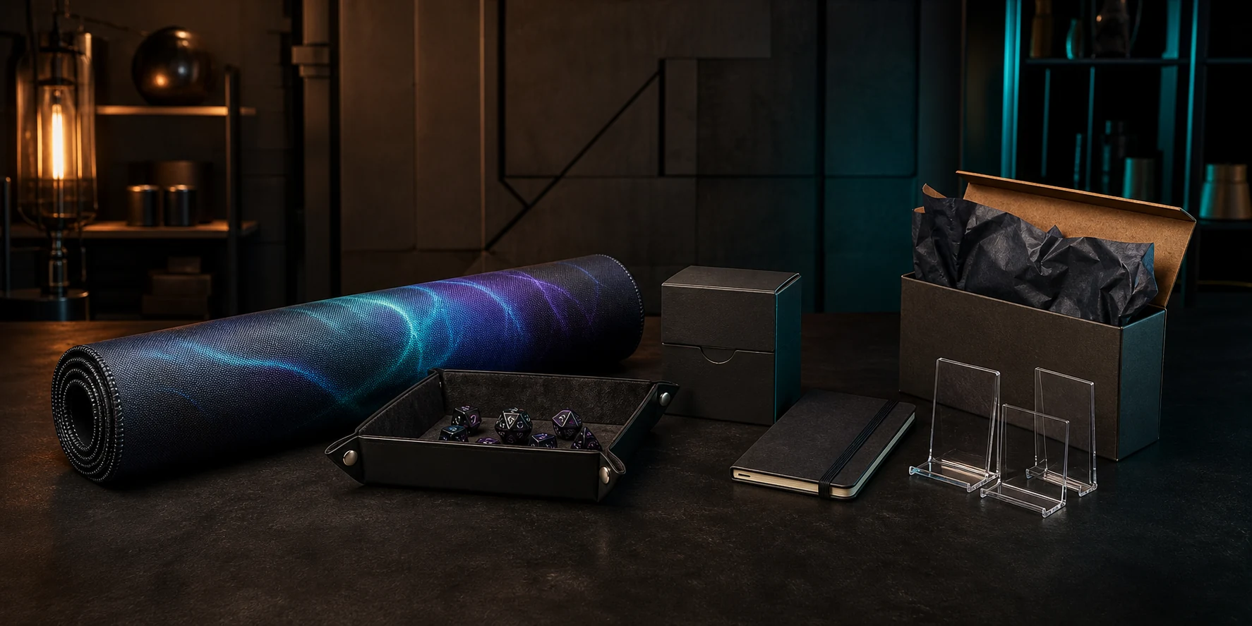 A giftable desk and tabletop set with a rolled mat, dice tray, deck box and presentation box.