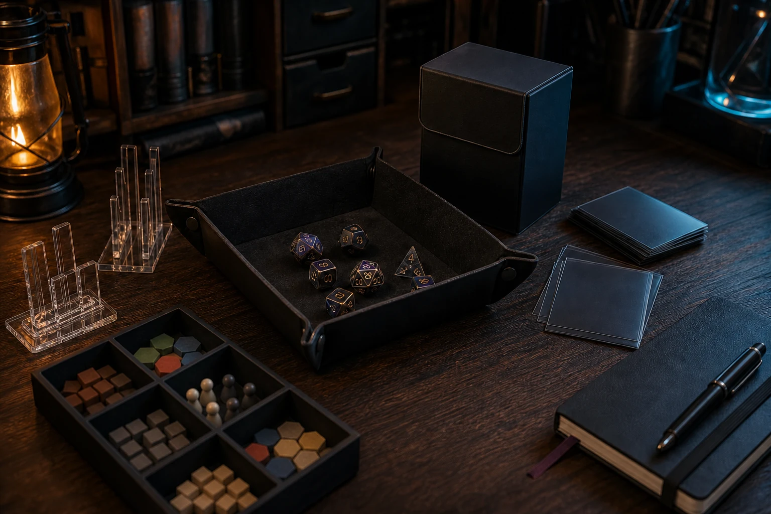 Dice tray, deck box, card stands, notebook and organisers arranged on a dark game table.